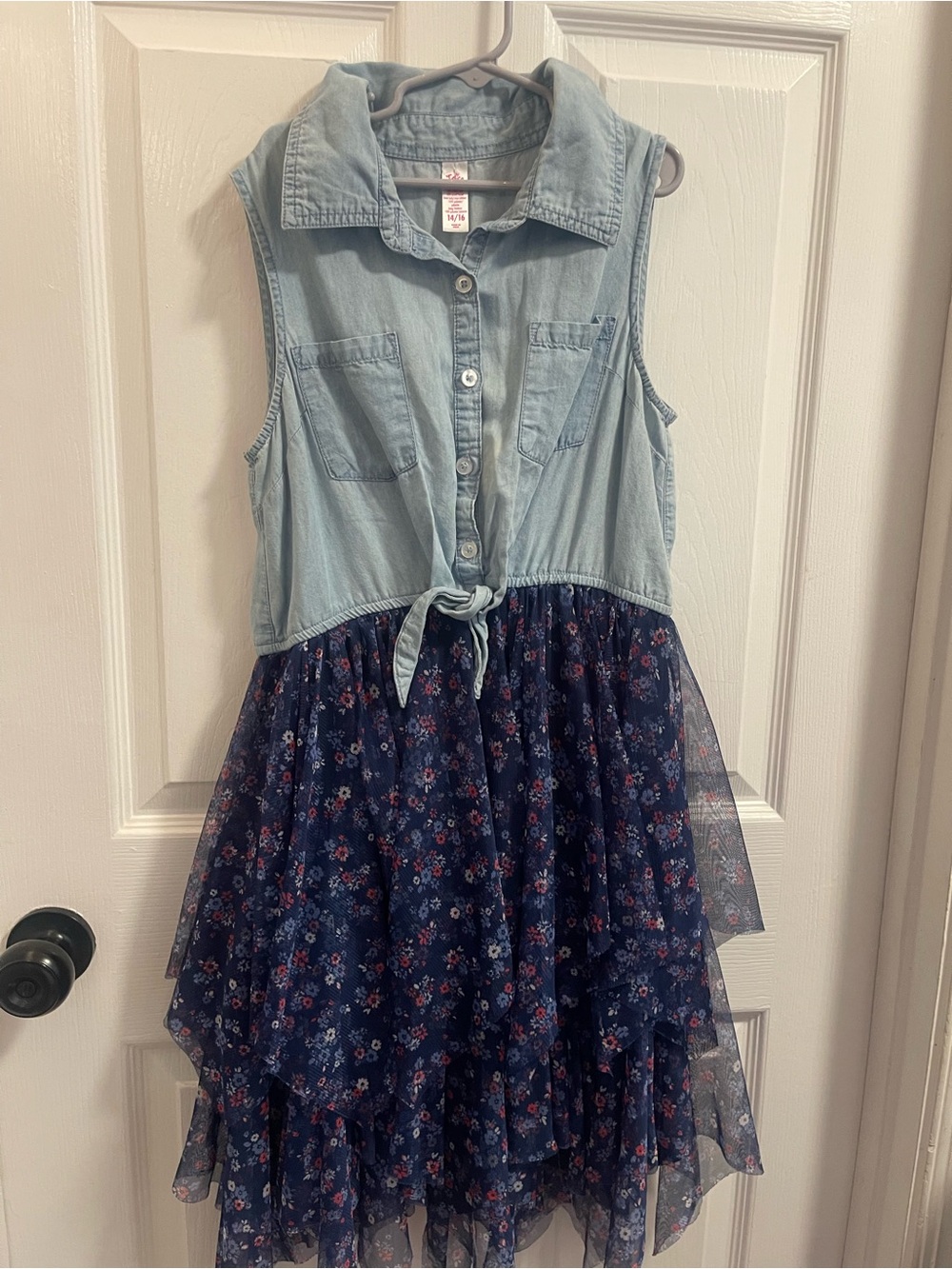 Justice Light Denim Top with Navy Floral Tiered Skirt Dress